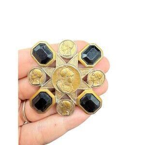 Vintage Neoclassical Coin Brooch Black Glass Stones | Archaeological Revival